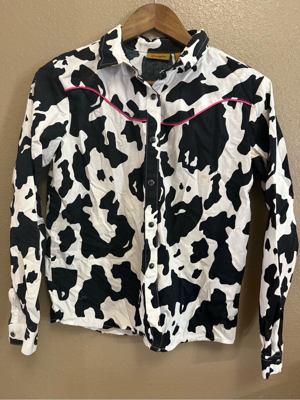 Wrangler Black & White Cow-Print Western Jacket with Pink Piping